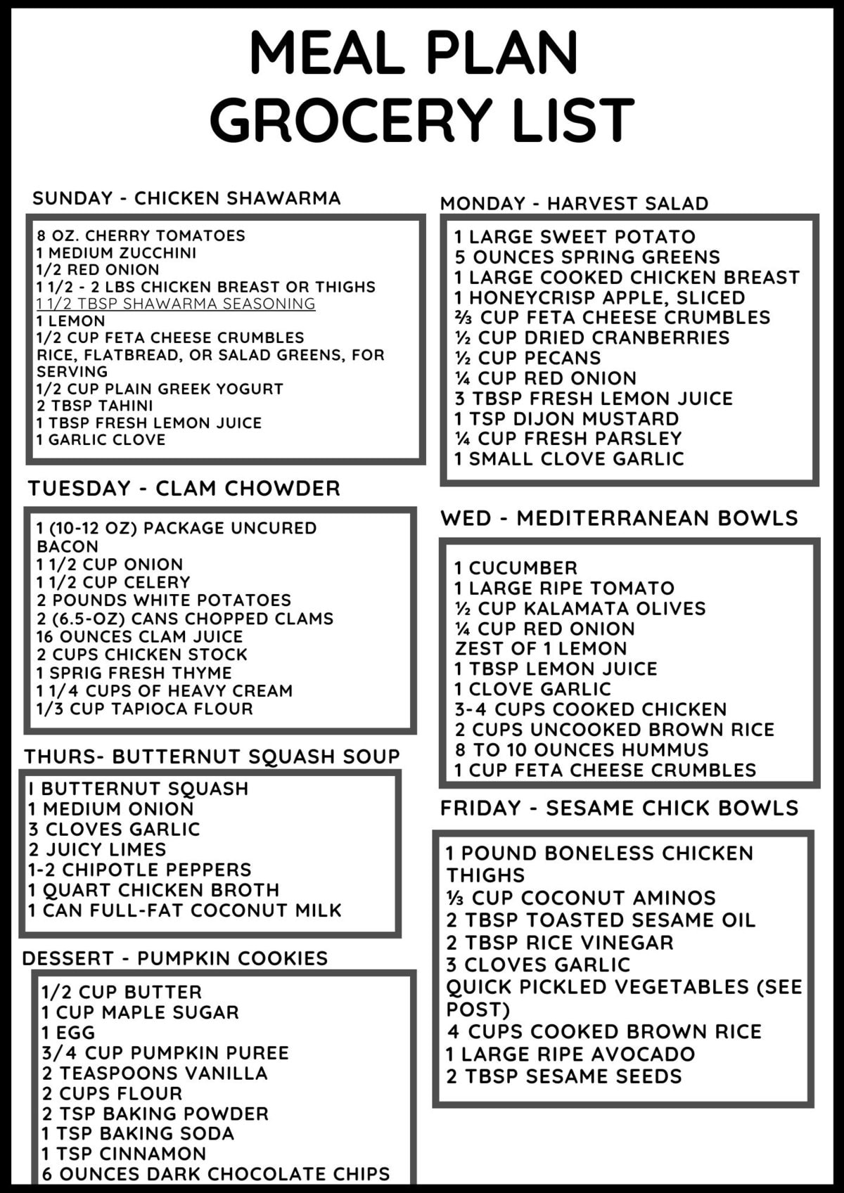 Meal plan grocery list