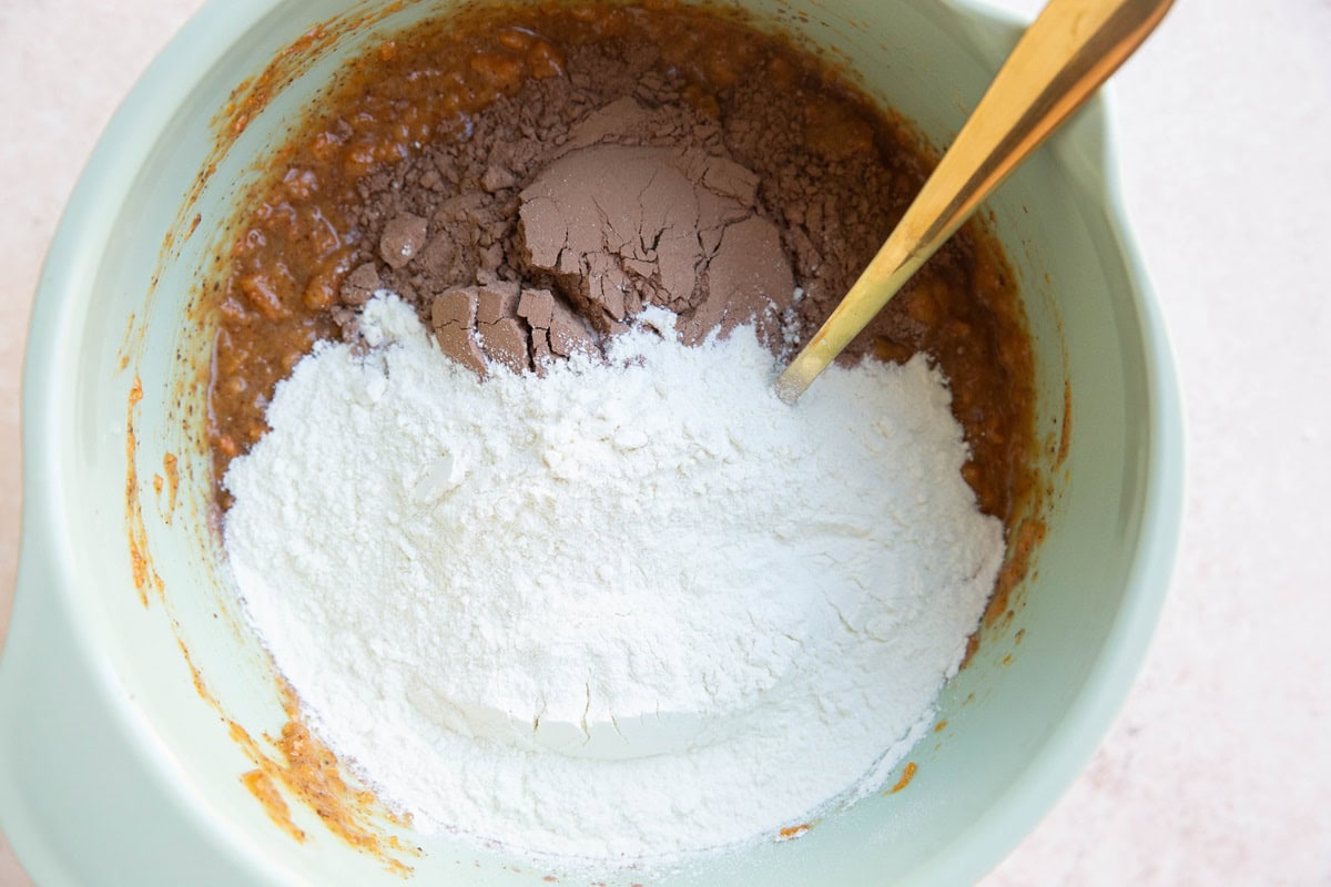 Cocoa powder and protein powder in a mixing bowl to mix into brownie batter