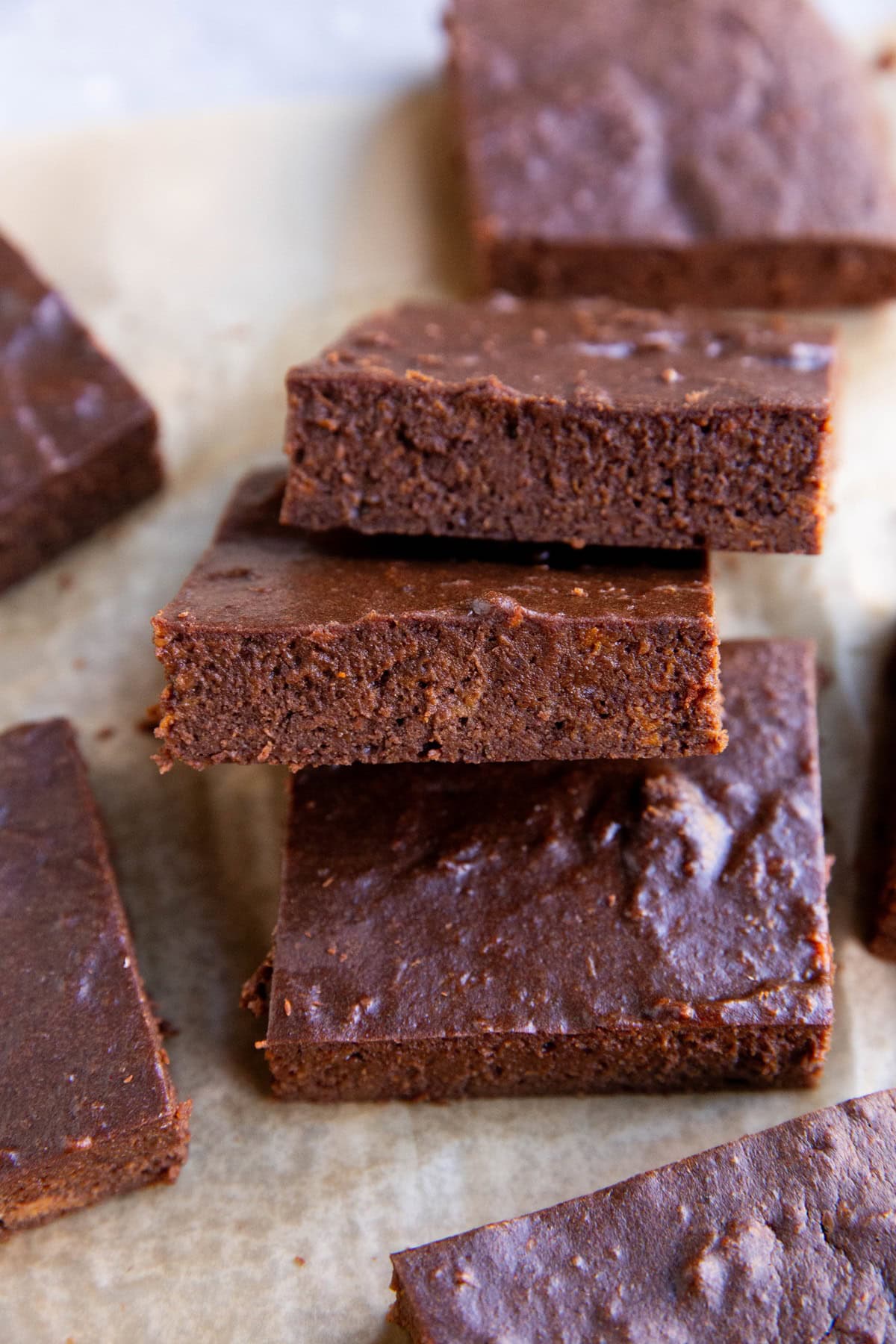 Stack of brownies, ready to eat.