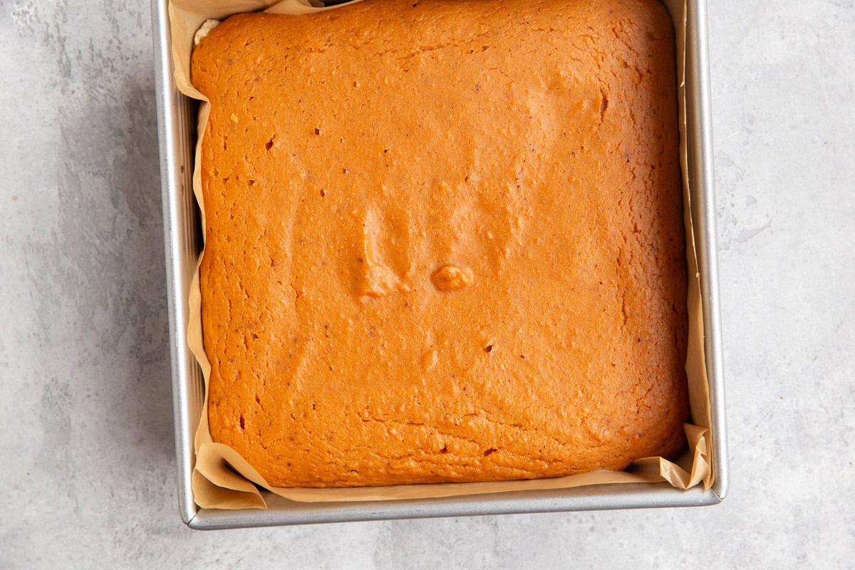 Sweet potato bars in a baking dish, fresh out of the oven.