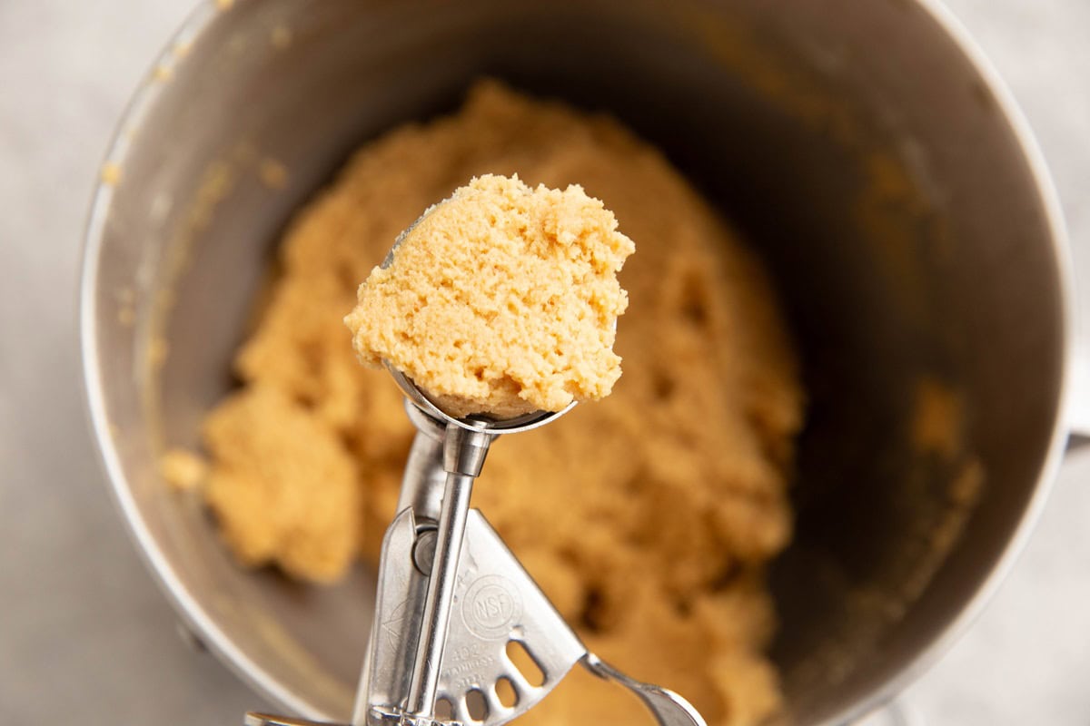 Small cookie scoop with a scoop of peanut butter cookie dough inside.