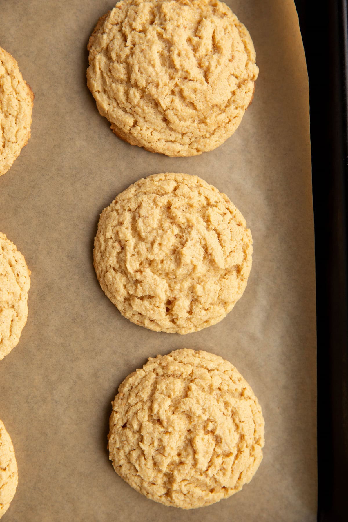 Baking sheet of almond flour peanut butter cookies.