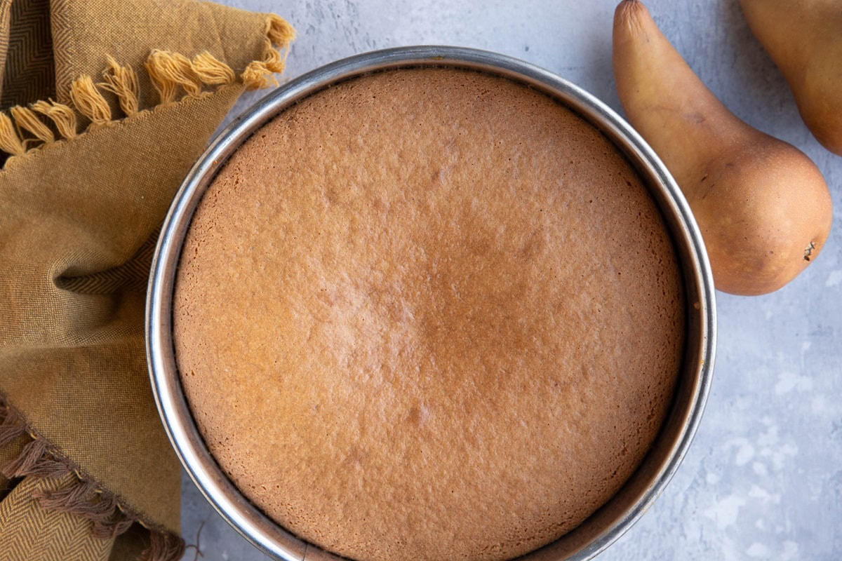 Pear cake in a springform pan, fresh out of the oven.