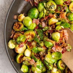 Skillet of brussel sprouts, caramelized onions, and bacon.