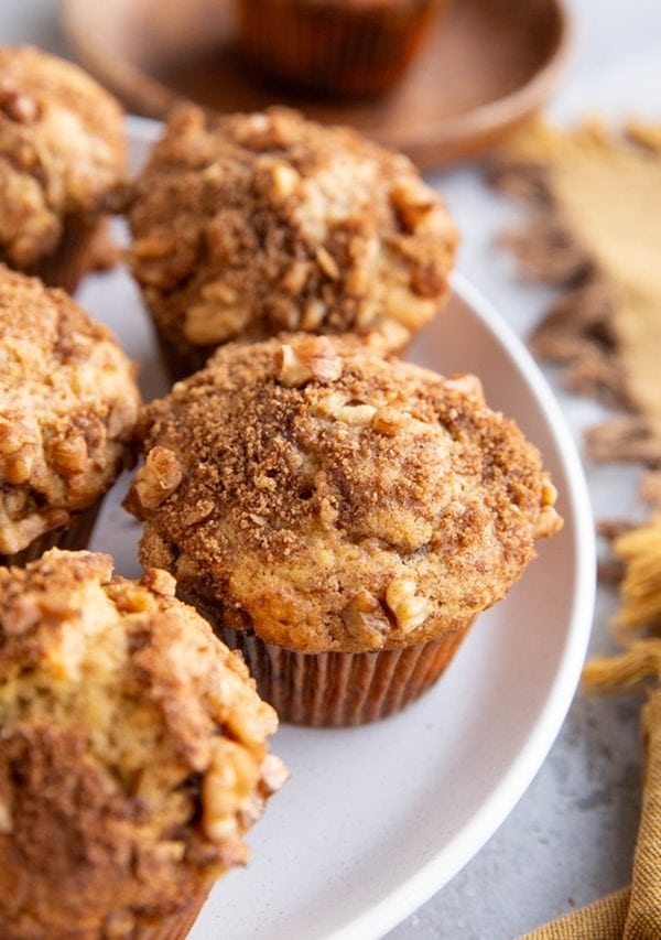 Coffee cake muffins on a white plate