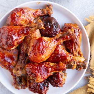 Plate full of bbq chicken.