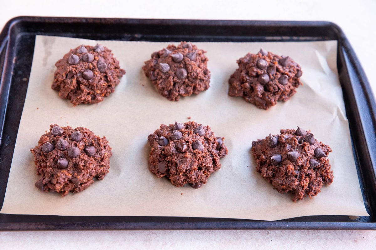 Baking sheet of double chocolate sweet potato cookie dough, ready to go into the oven.