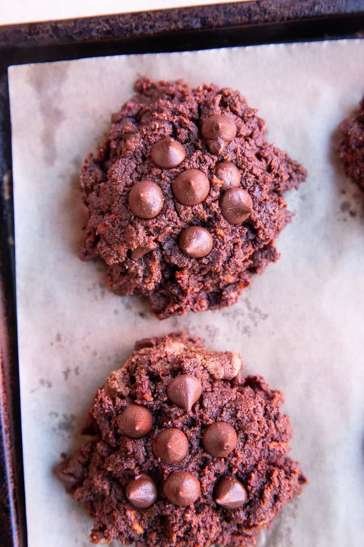 Chocolate sweet potato cookies on a baking sheet.