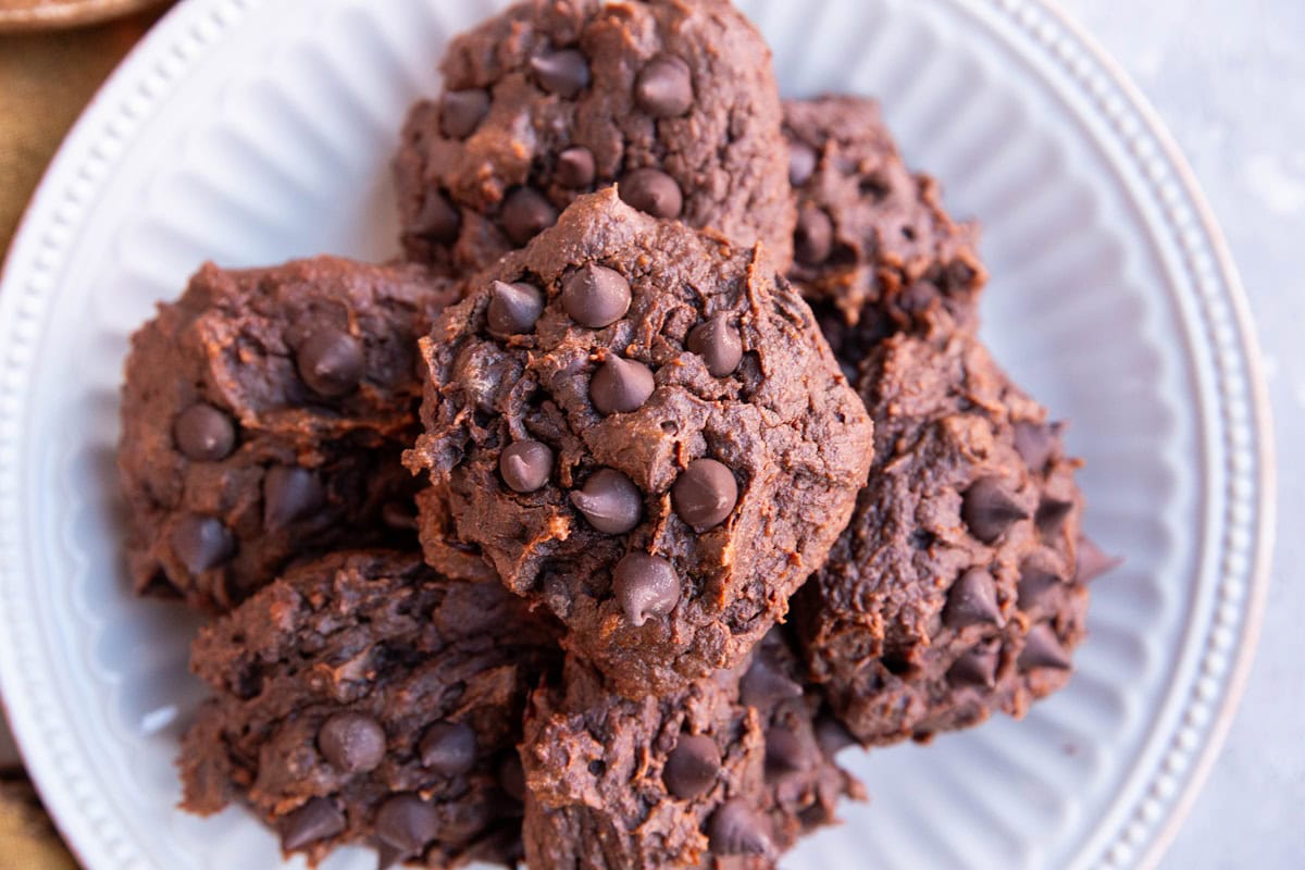 White plate of chocolate sweet potato cookies.