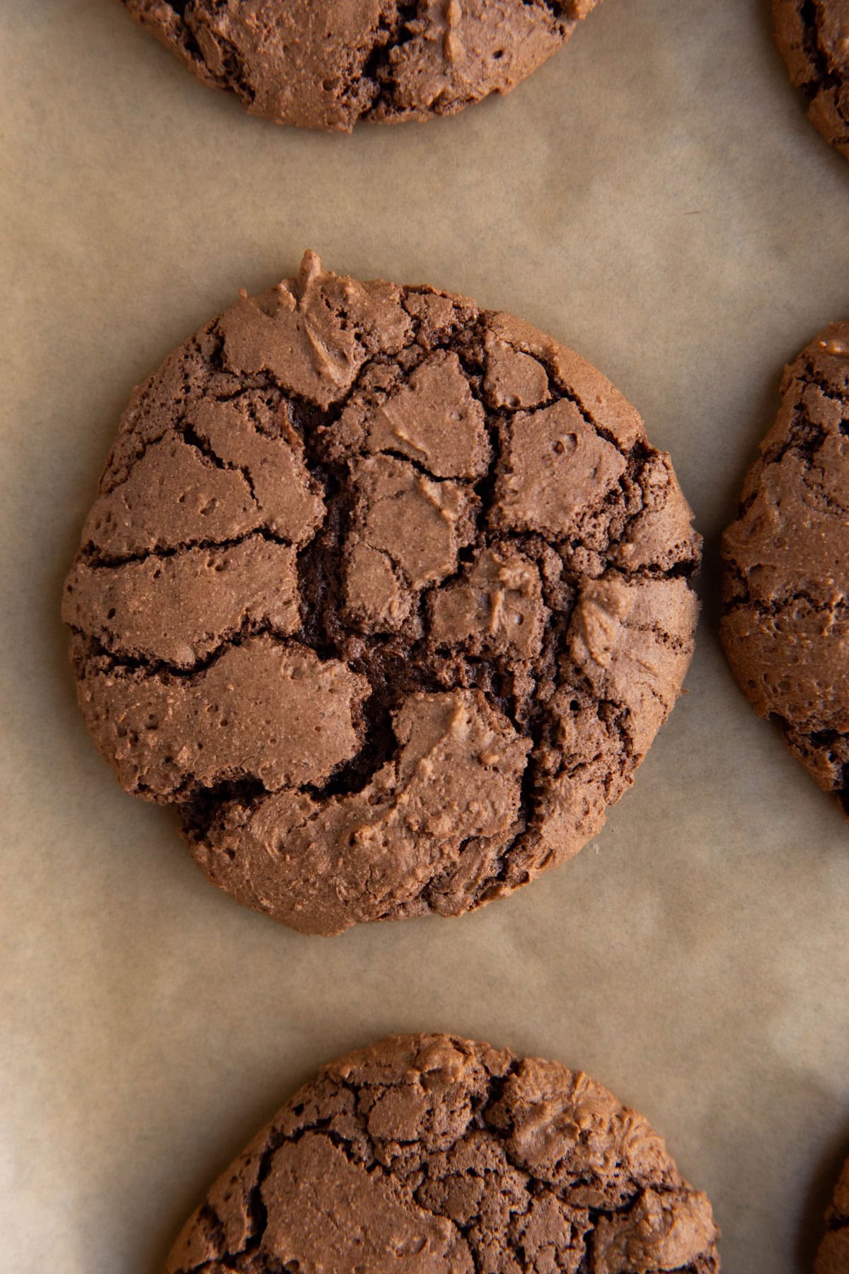 Baking sheet with fudge brownie cookies on top.