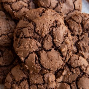 Plate of fudge brownie cookies in a stack.