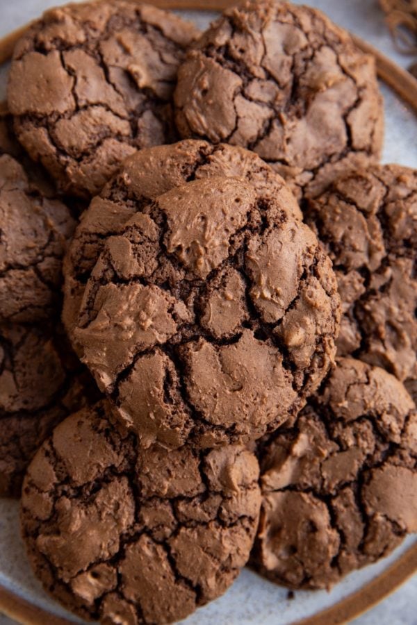 Plate of fudge brownie cookies in a stack.