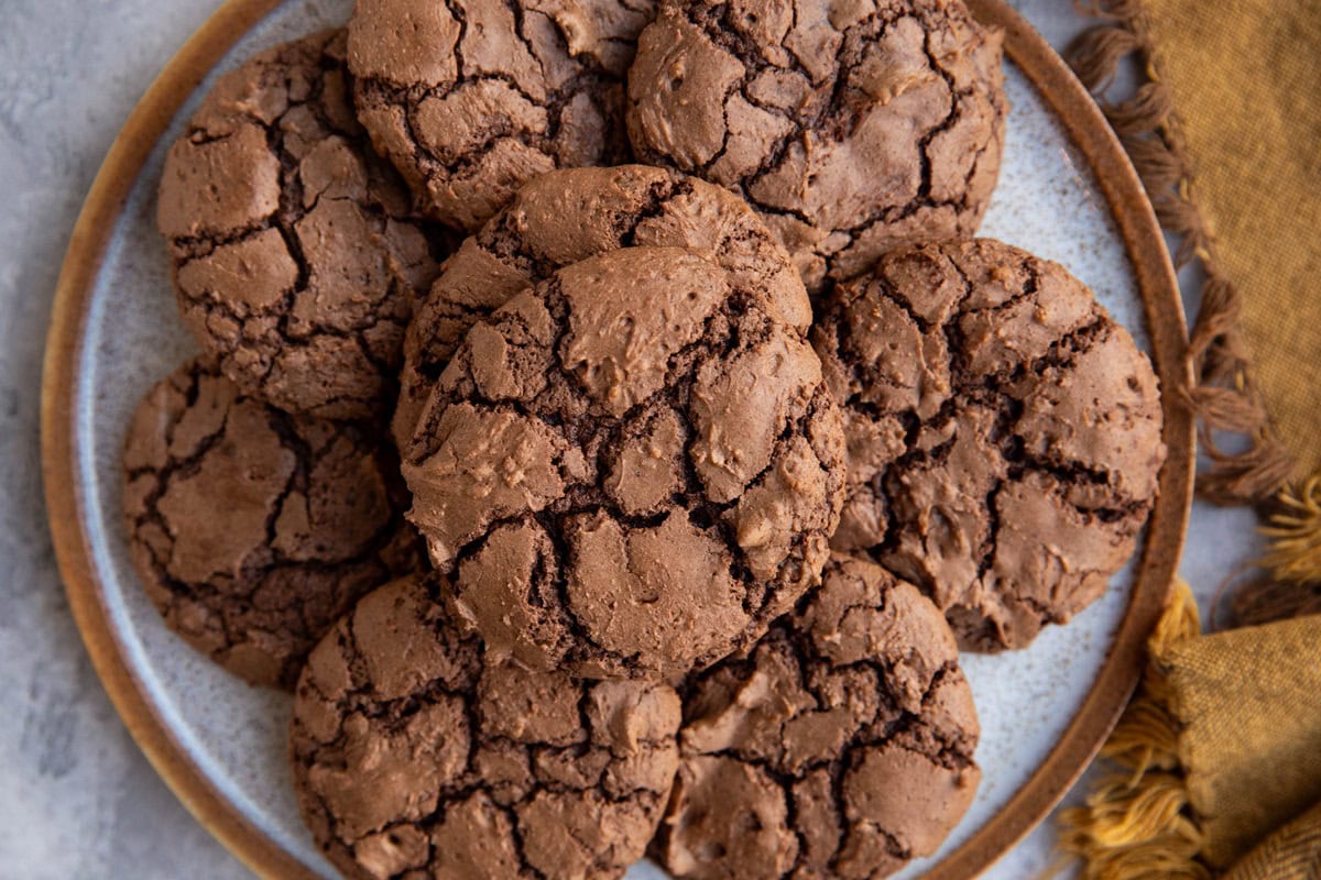 Plate of fudgy brownie cookies, ready to eat.