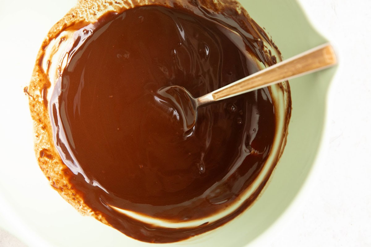 Mixing bowl full of melted chocolate.