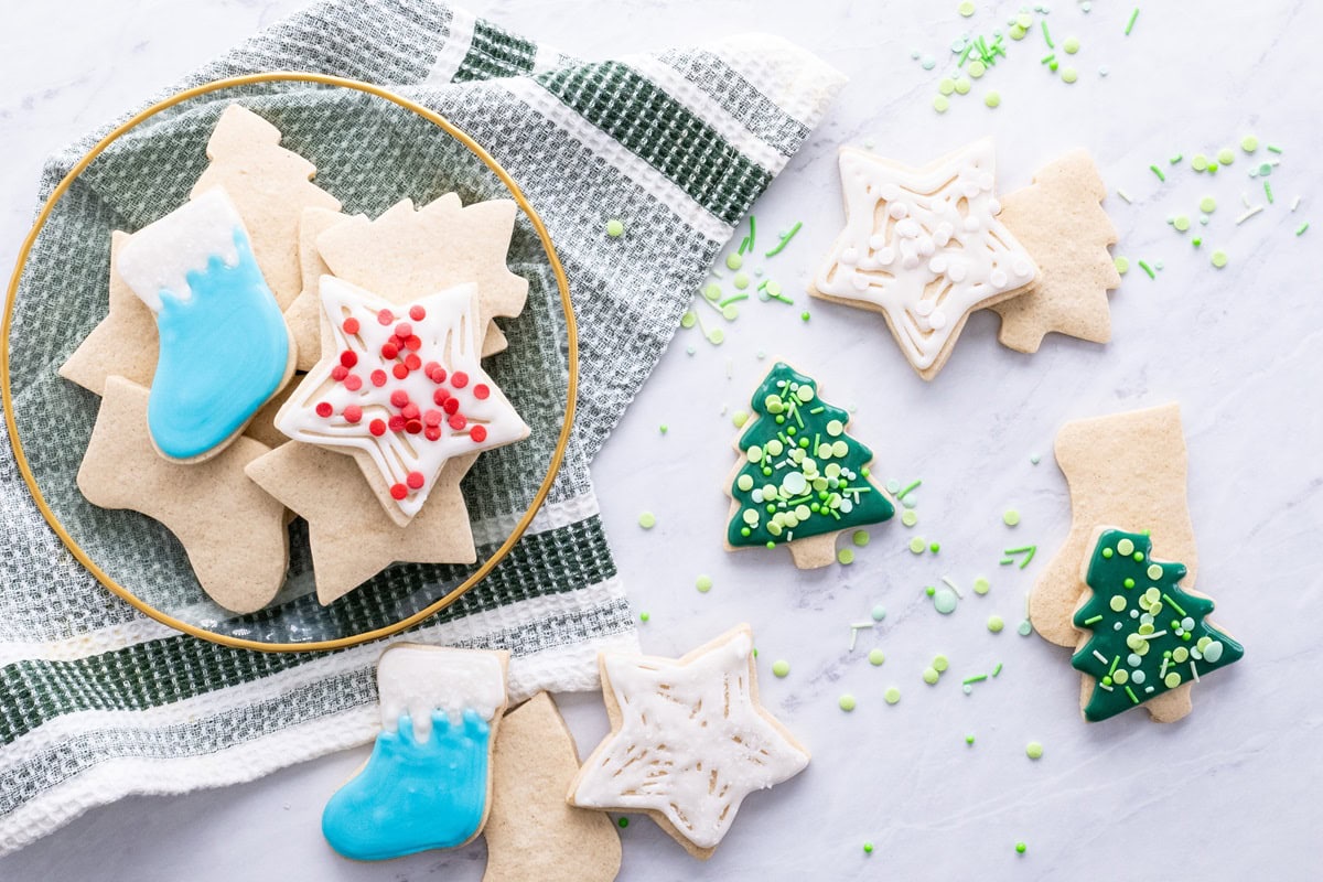 Christmas cookies on a marble surface.