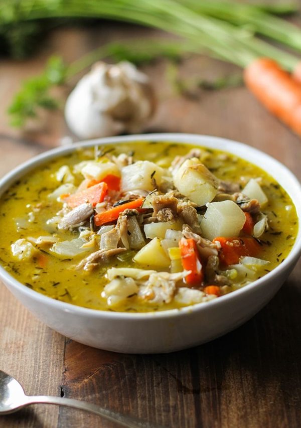 bowl of turkey soup with vegetables