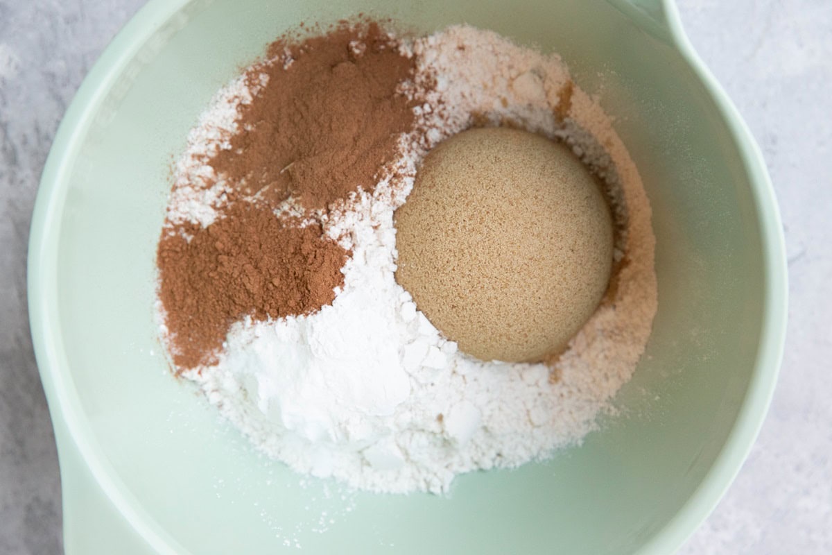 Dry ingredients for pumpkin cake in a mixing bowl.