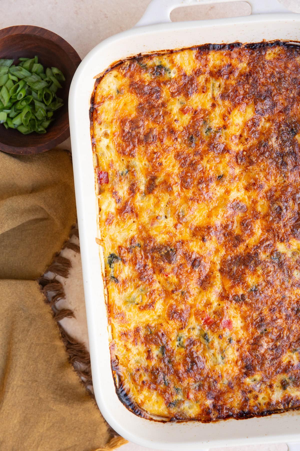 Cottage cheese breakfast casserole, fresh out of the oven and ready to serve.