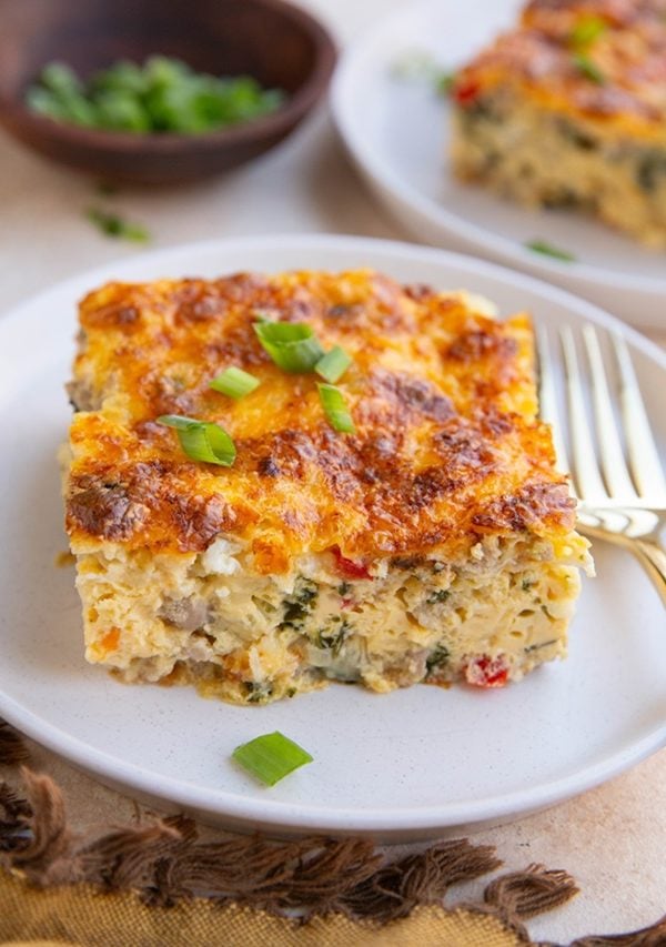 Sausage and egg cottage cheese breakfast casserole on a plate.