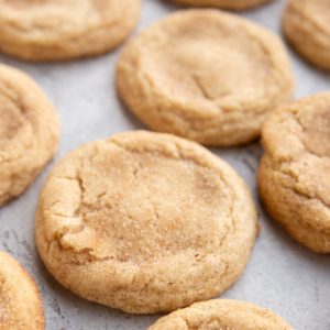 Snickerdoodles sitting on a marble background, ready to eat.