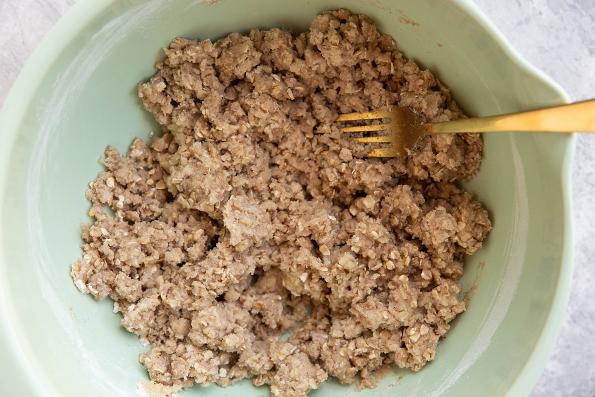 Crumble topping mixture in a mixing bowl, all mixed up and ready to use.