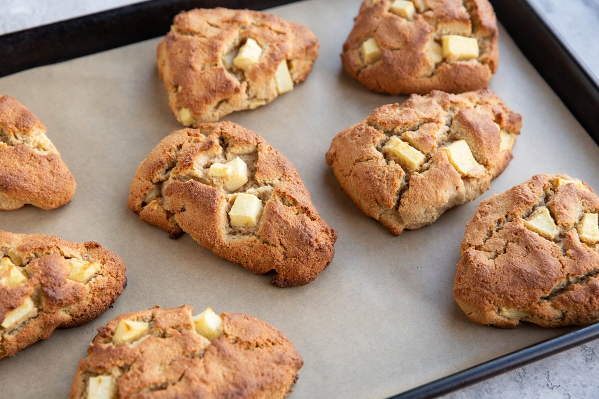 Apple almond flour scones on a baking sheet.