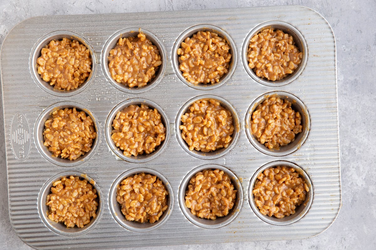 Muffin tin with peanut butter rice crispies