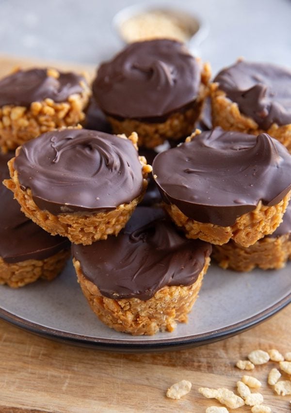 Crispy rice cereal treats on a plate, ready to serve.