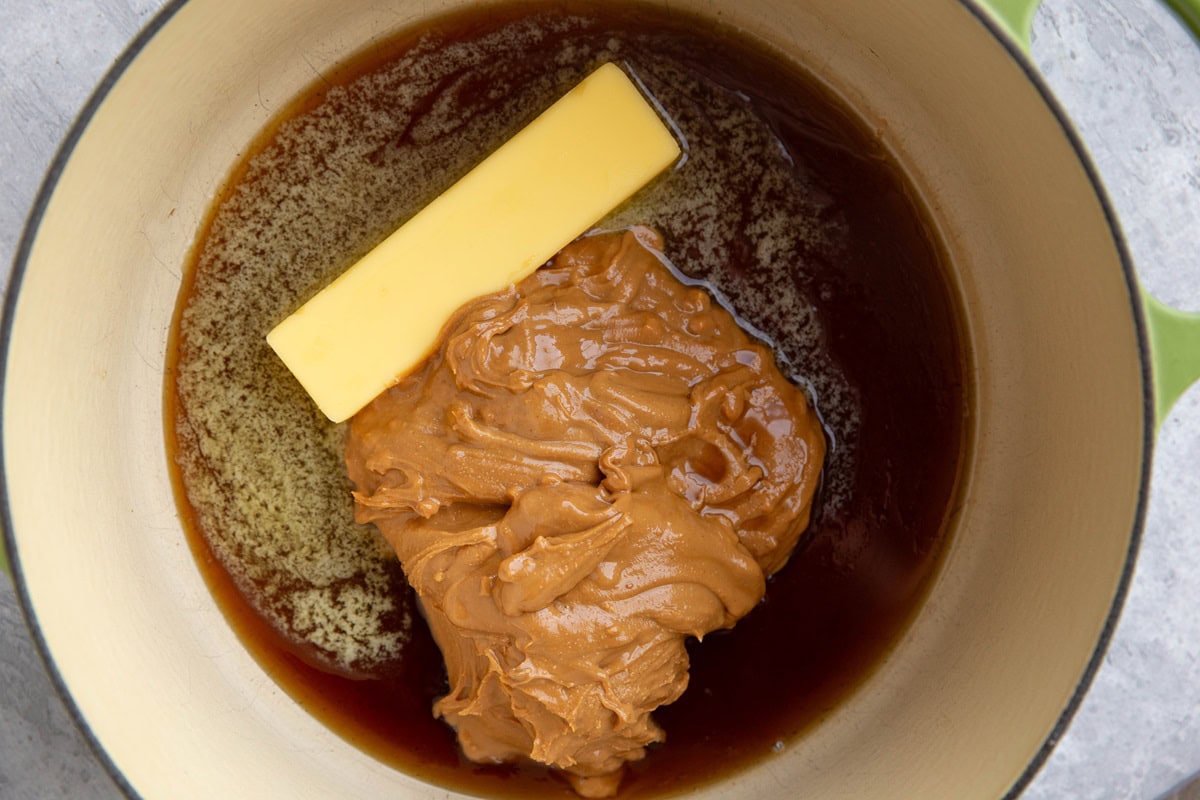 Butter, pure maple syrup, and peanut butter in a large pot.