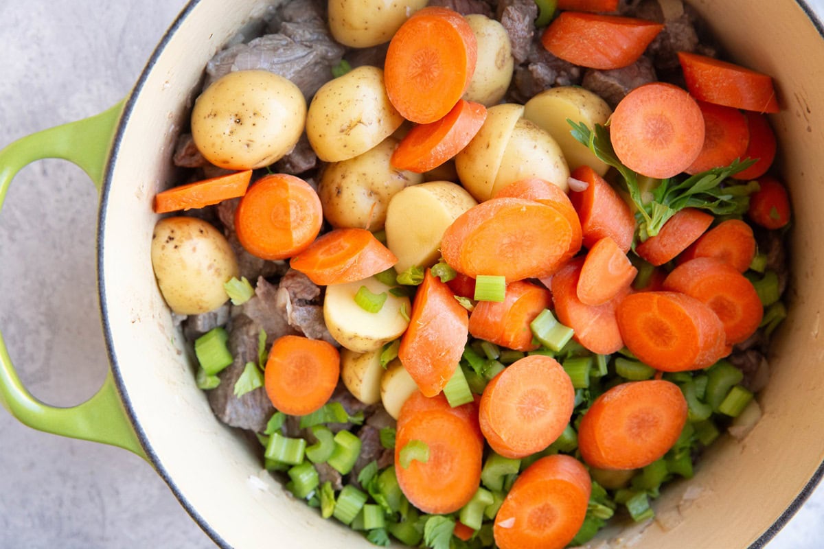 large pot of beef and vegetables to make stew.