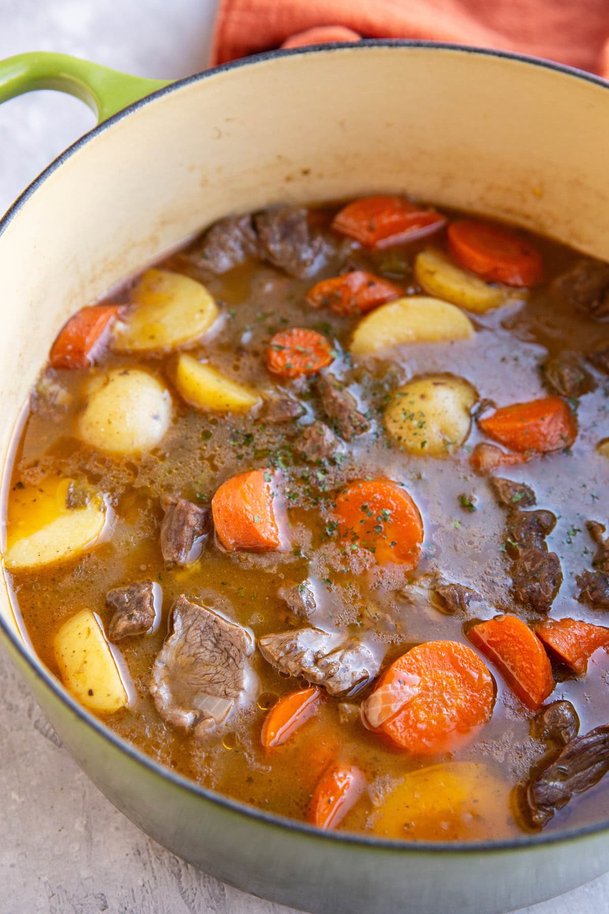 Big pot of beef stew with carrots and potatoes. Ready to serve.