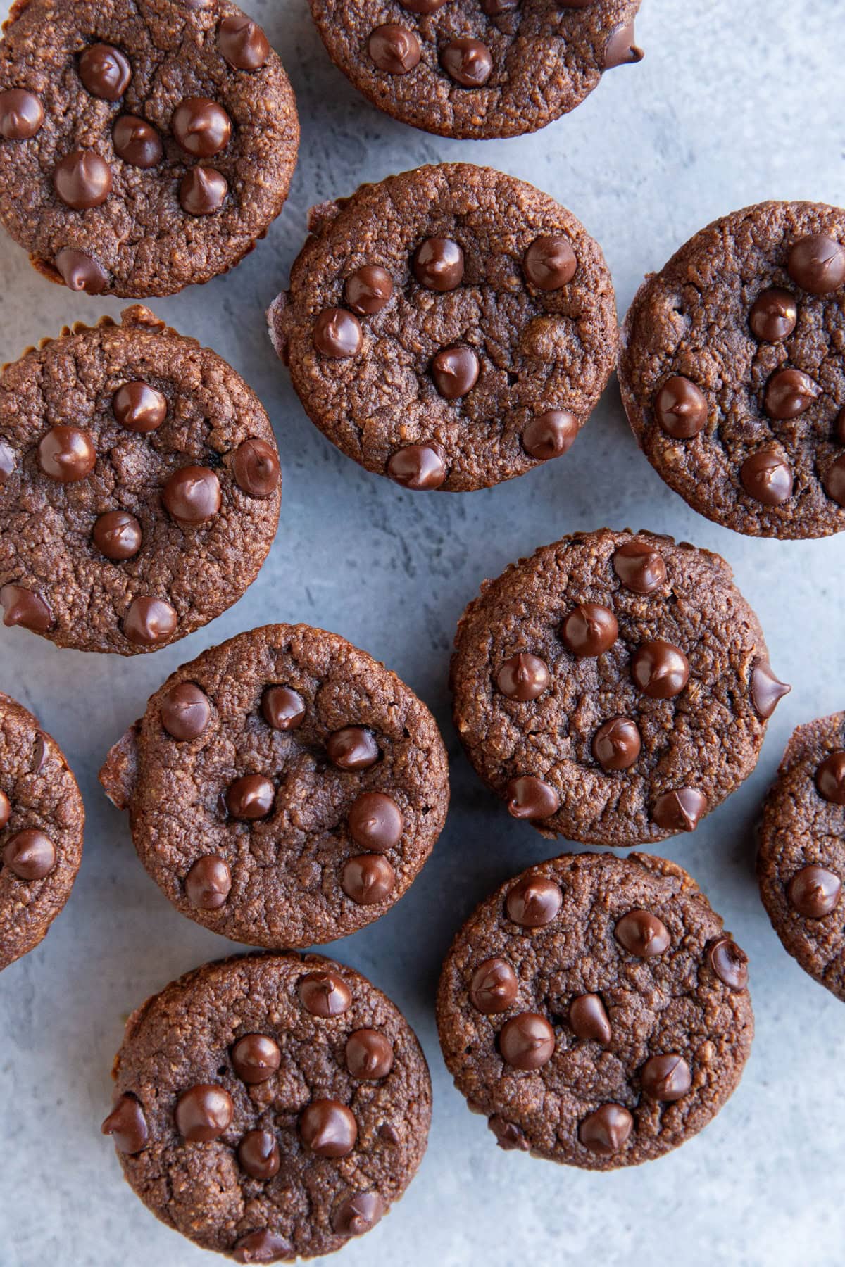 A dozen chocolate muffins on a background, ready to be eaten.