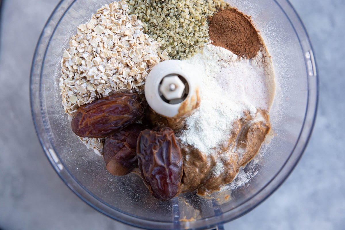 Power ball ingredients in a food processor.