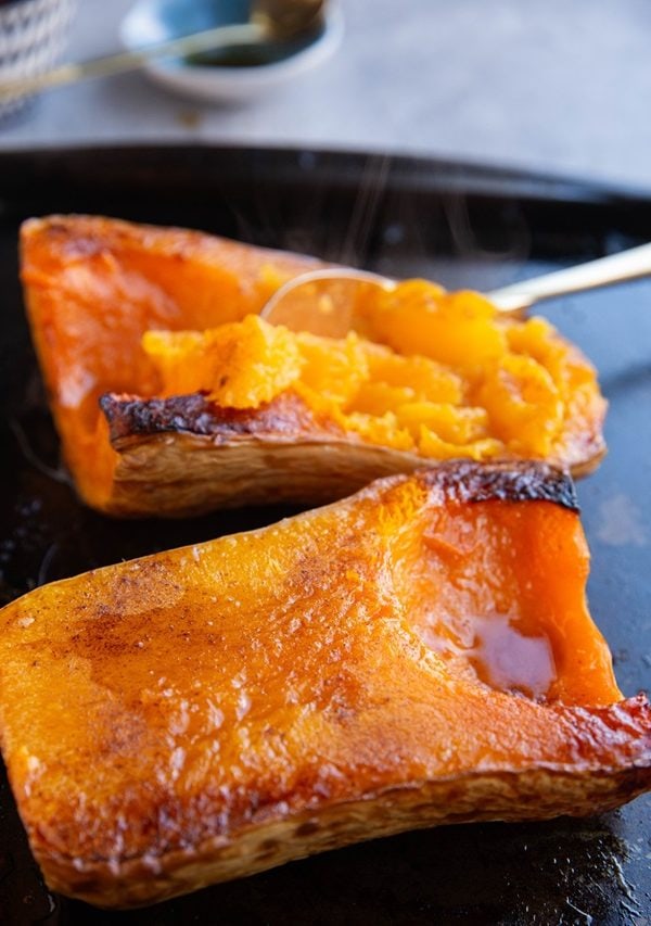 baking sheet with maple cinnamon roasted butternut squash.