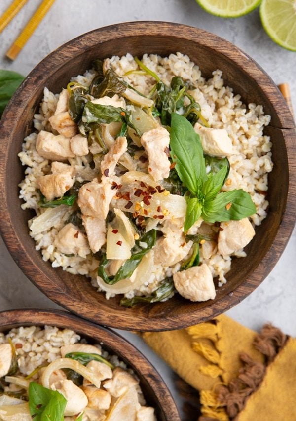 Thai coconut chicken in two bowls with rice.