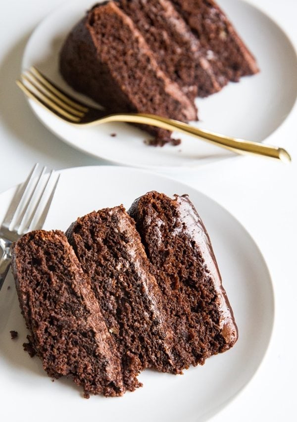 Chocolate layer cake made with almond flour.