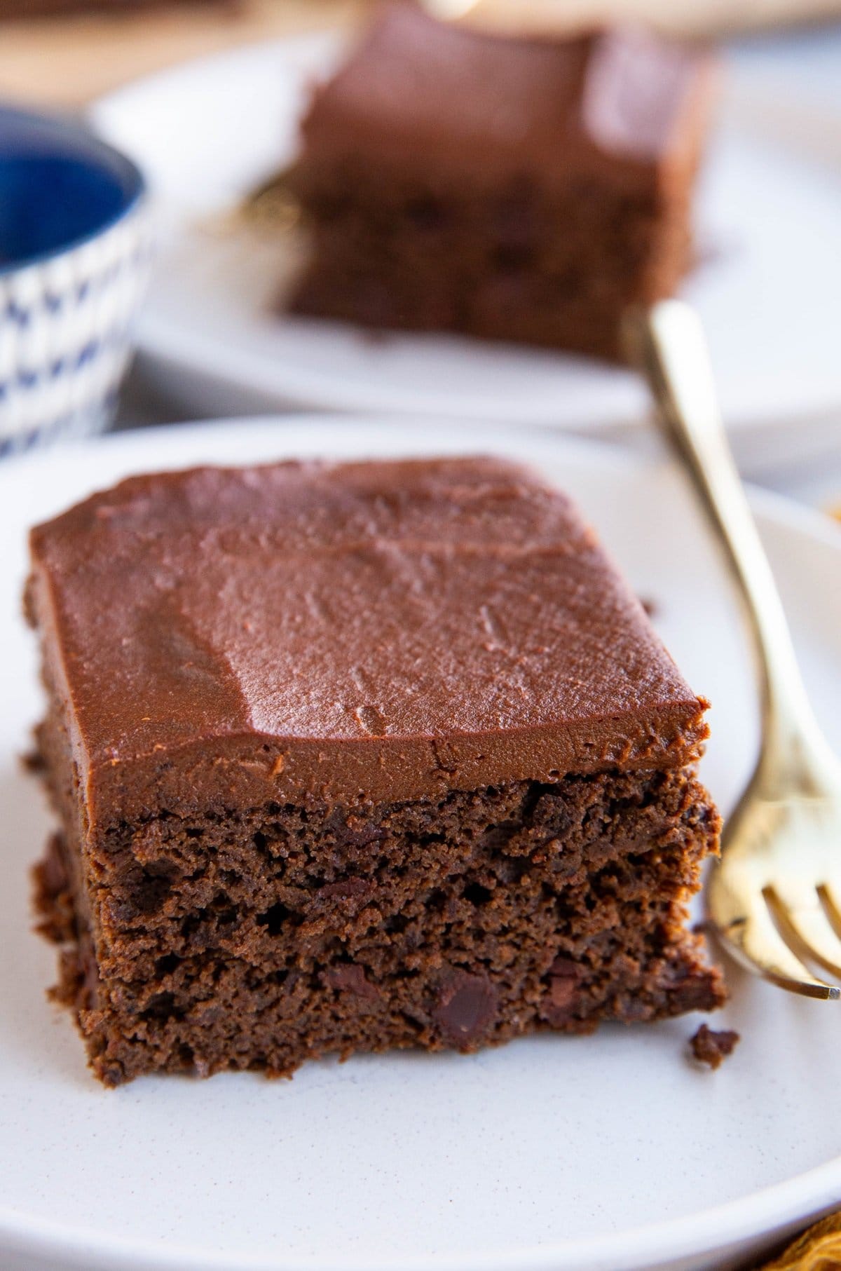 Close up image of black bean chocolate cake with sweet potato frosting, ready to eat.