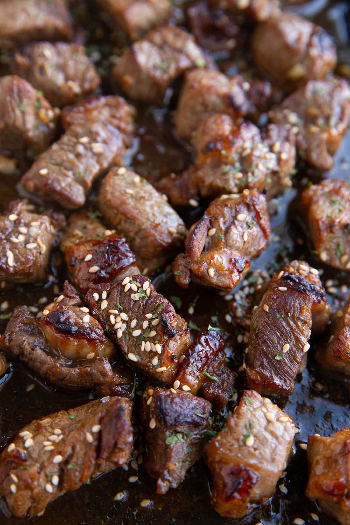 Baking sheet of steak bites, fresh out of the oven.