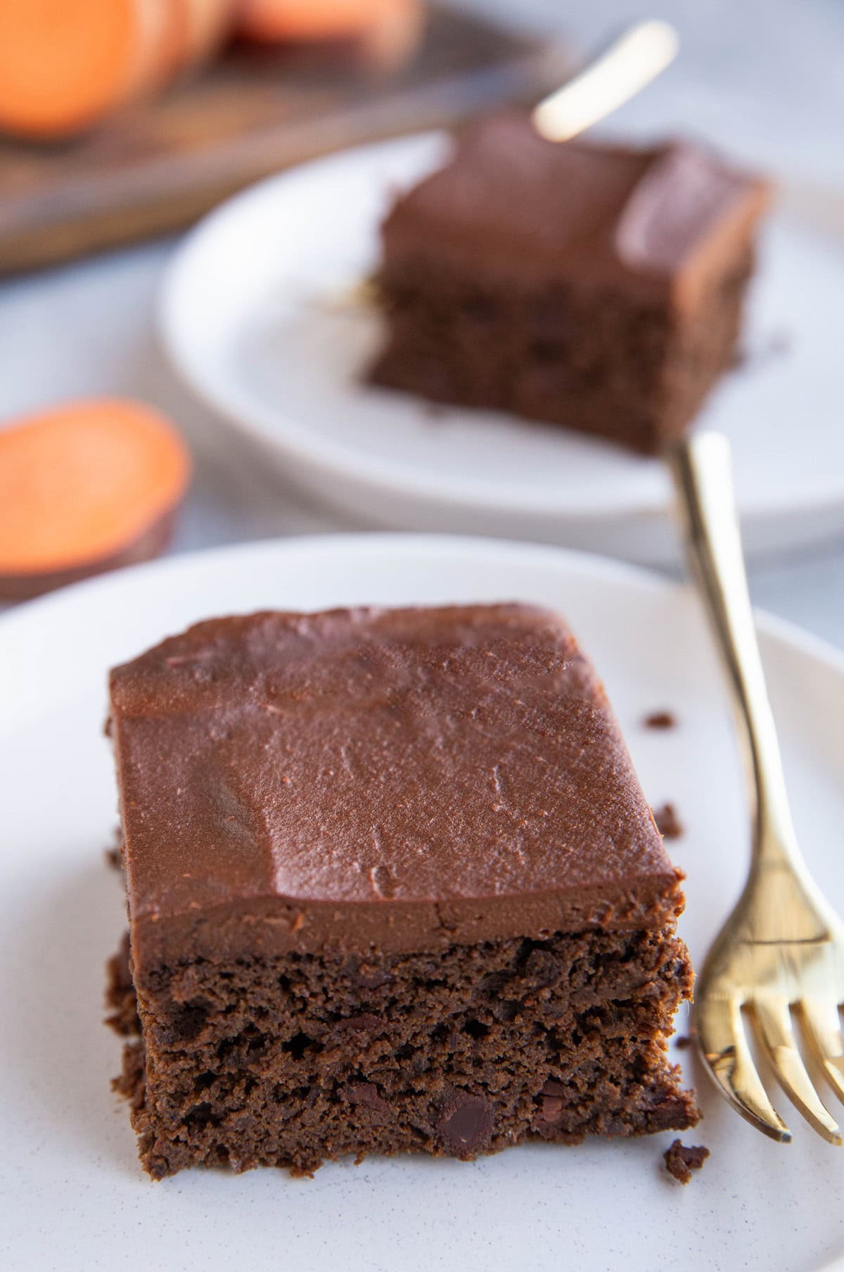 Chocolate cake with a thick layer of chocolate frosting on top.