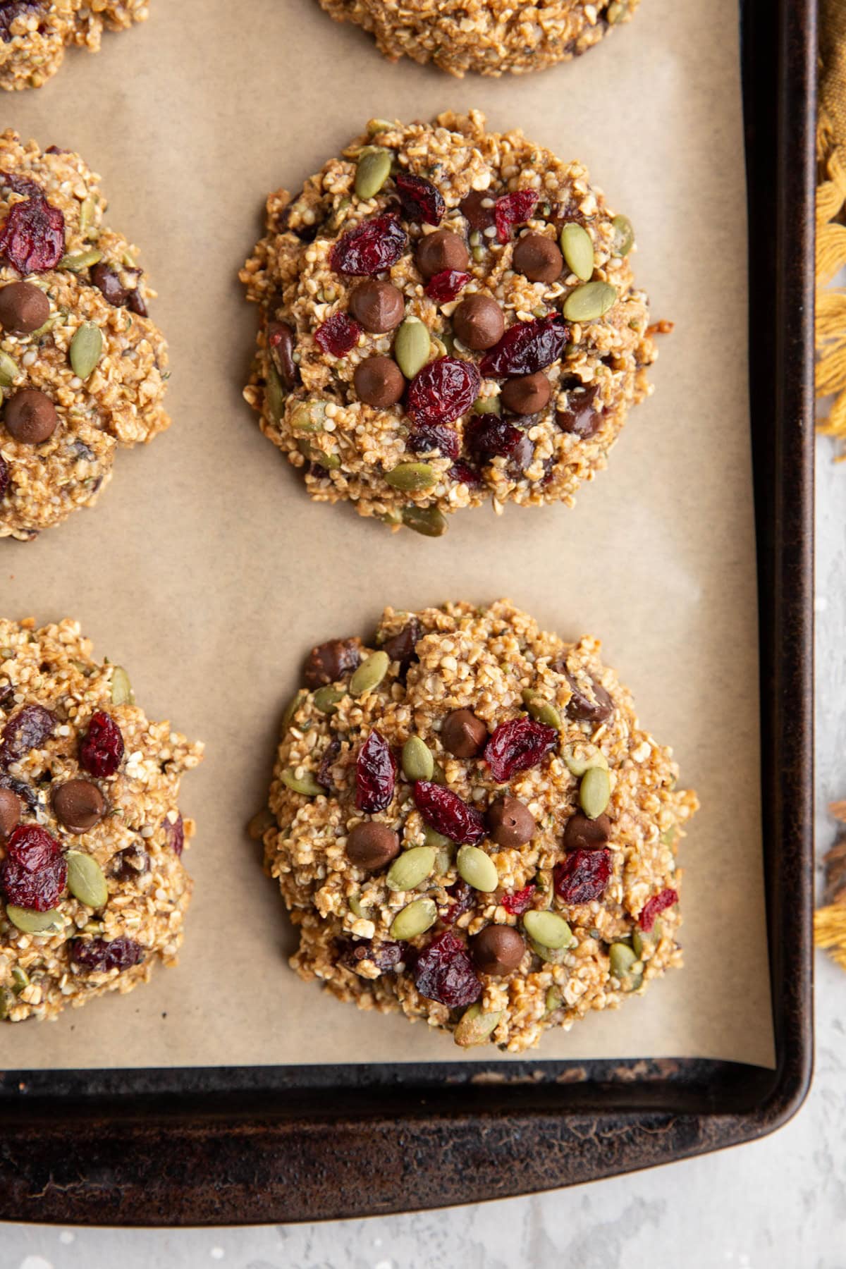 Baking sheet with breakfast cookies fresh out of the oven, ready to serve.