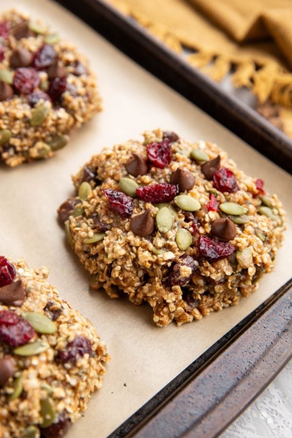 Large cookie with seeds, dried fruit and dried cranberries.